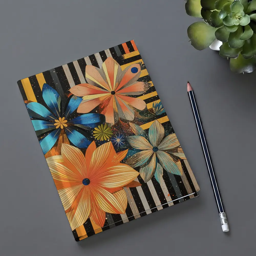 Retro Floral Art On Striped Dark Background – Notebooks