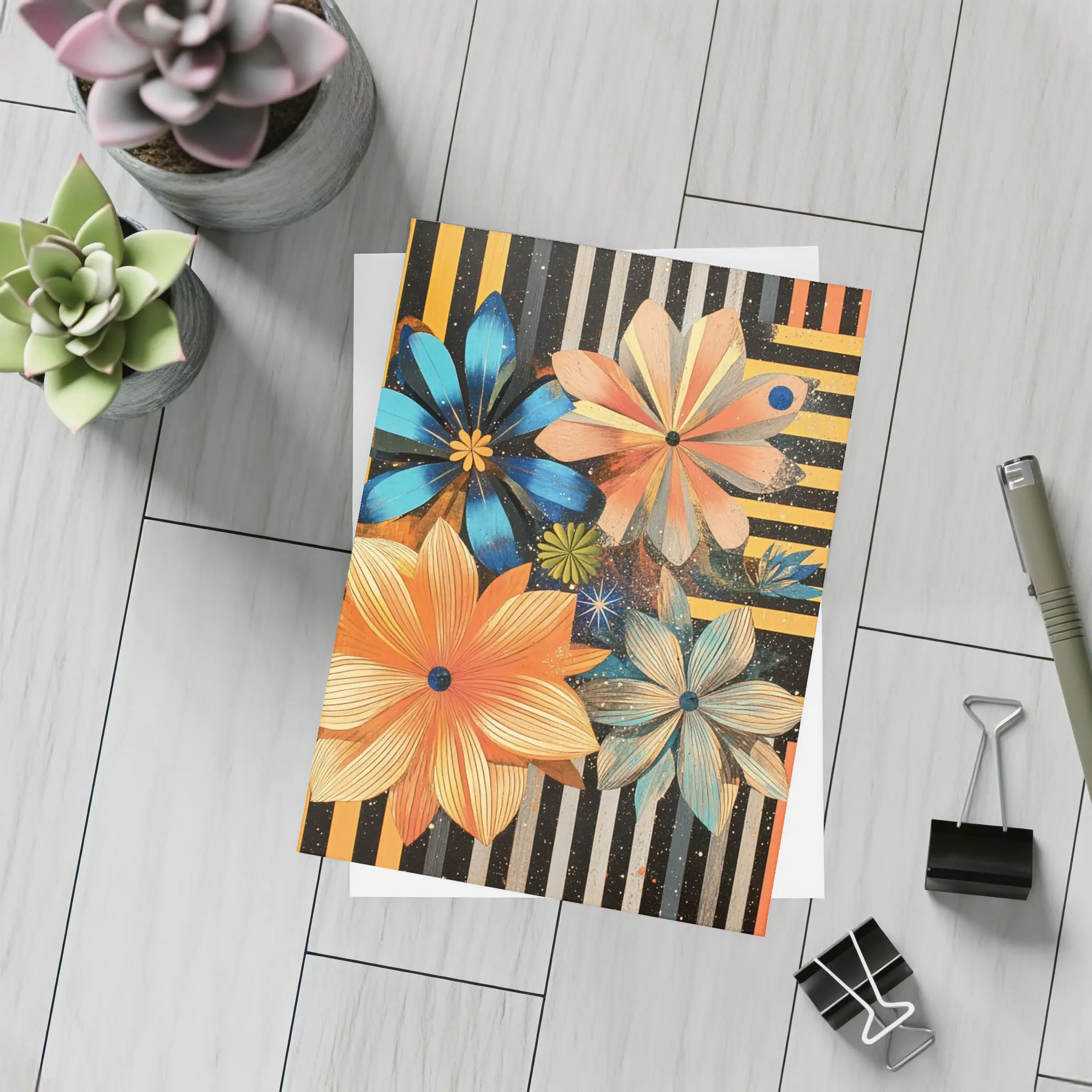 Retro Floral Art On Striped Dark Background – Postcards