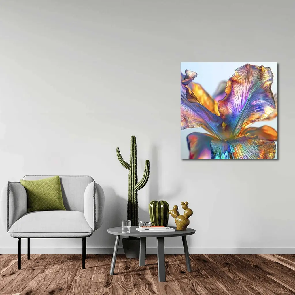 Iridescent Iris Flower Close Up Blue Background – Wall Art