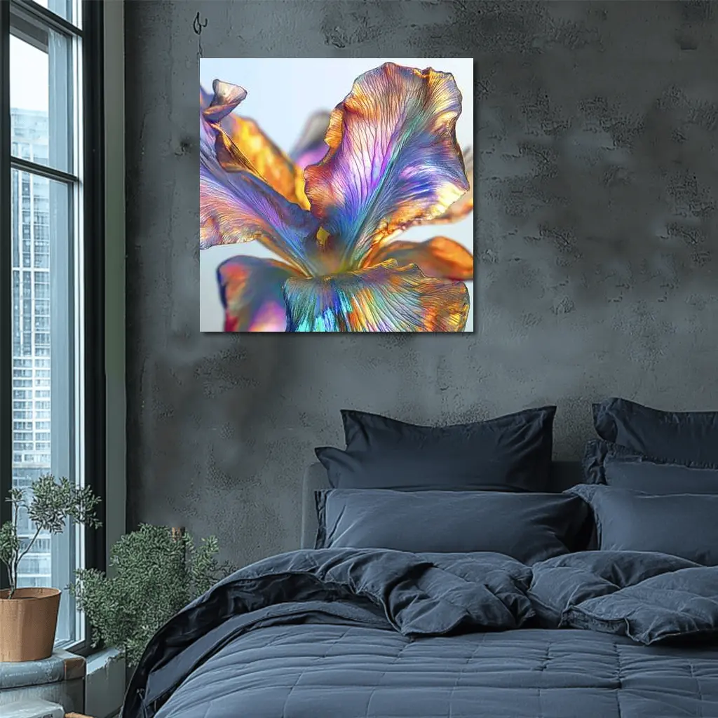 Iridescent Iris Flower Close Up Blue Background – Wall Art