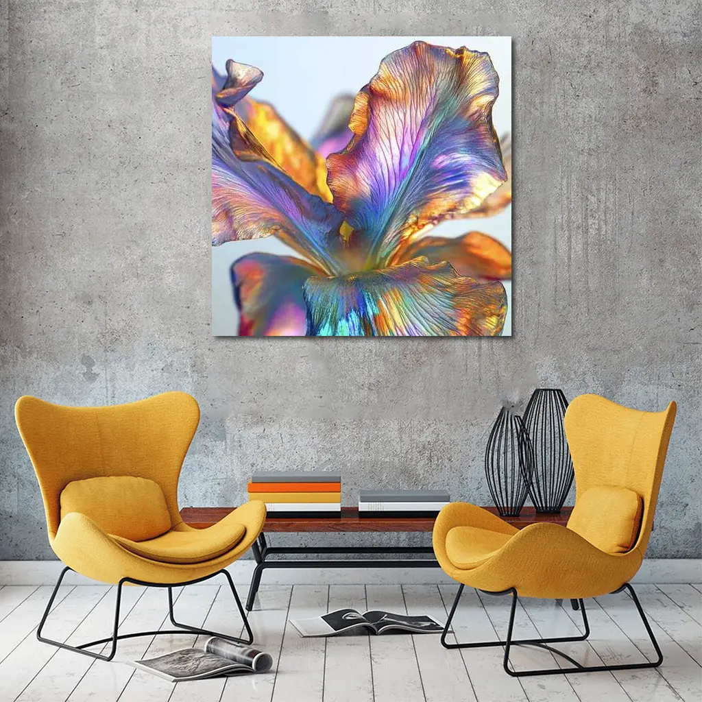 Iridescent Iris Flower Close Up Blue Background – Wall Art