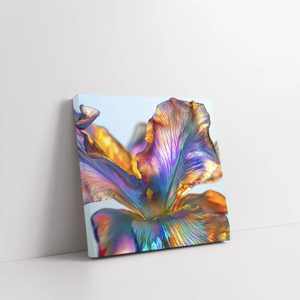 Iridescent Iris Flower Close Up Blue Background – Wall Art