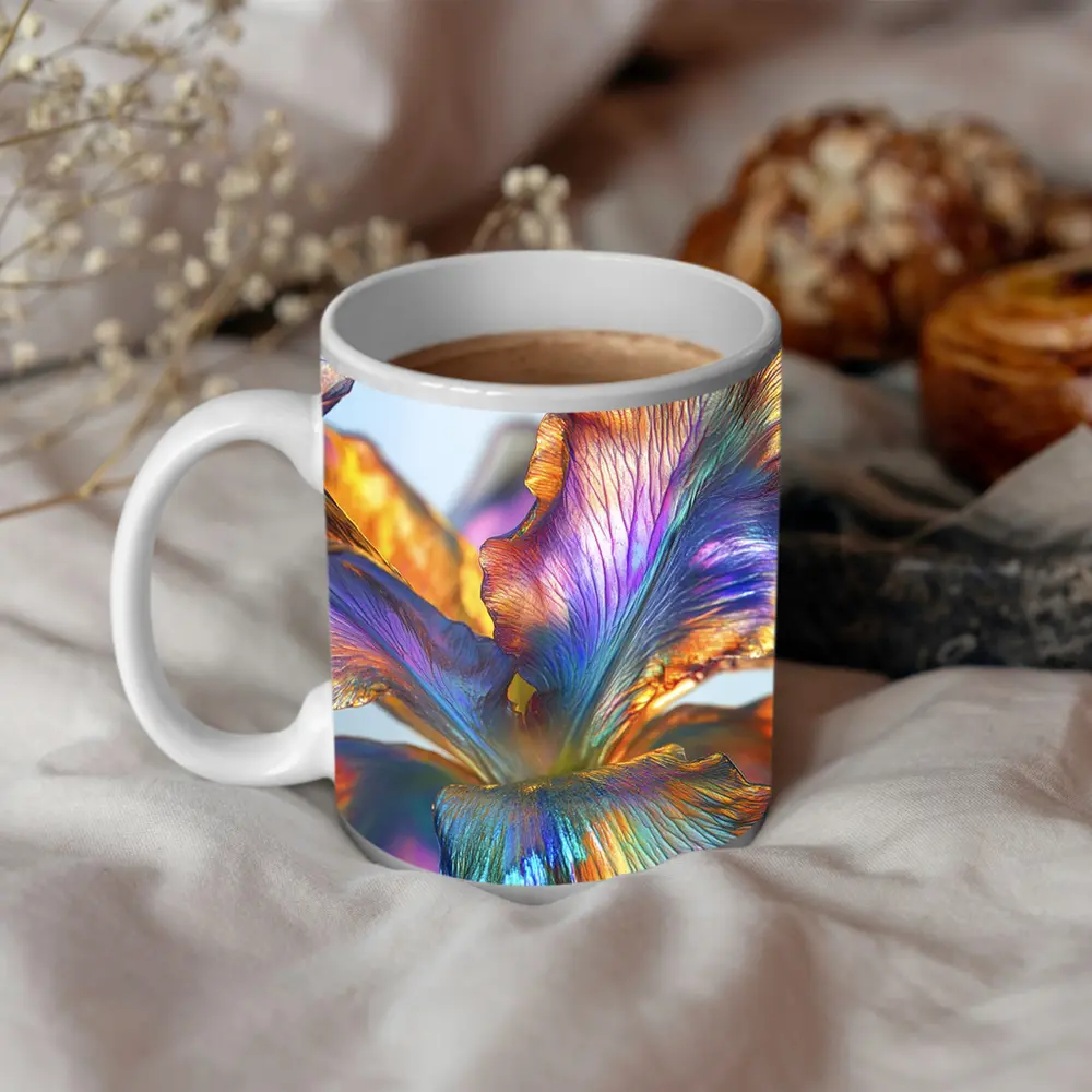 Iridescent Iris Flower Close Up Blue Background – Mugs