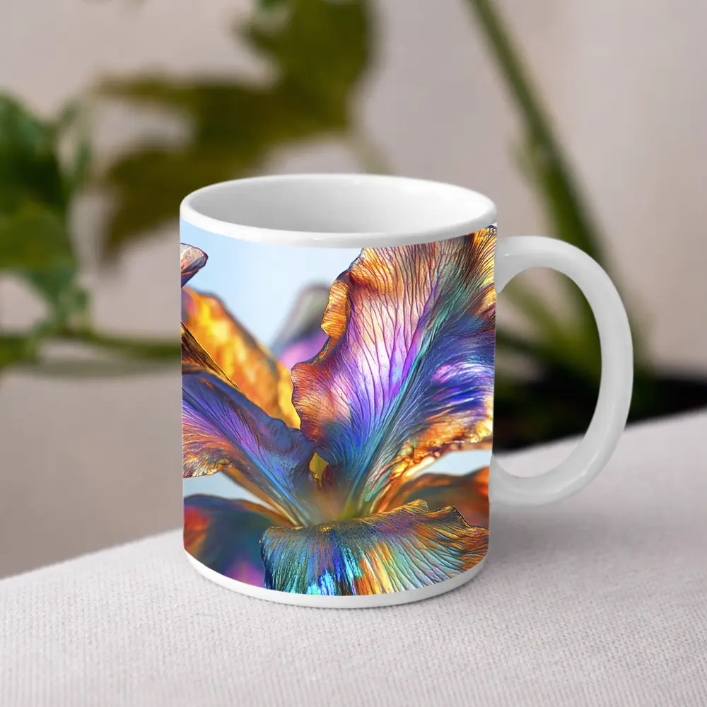 Iridescent Iris Flower Close Up Blue Background – Mugs