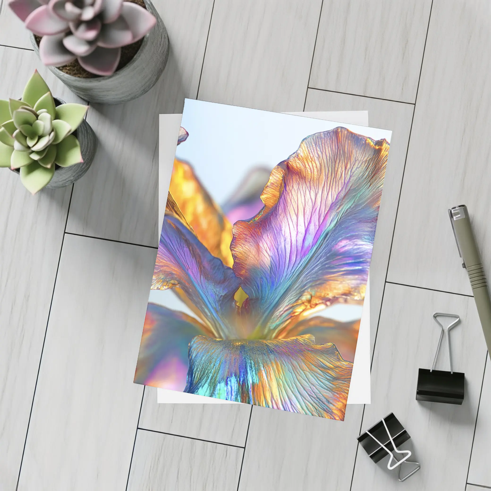 Iridescent Iris Flower Close Up Blue Background – Postcards