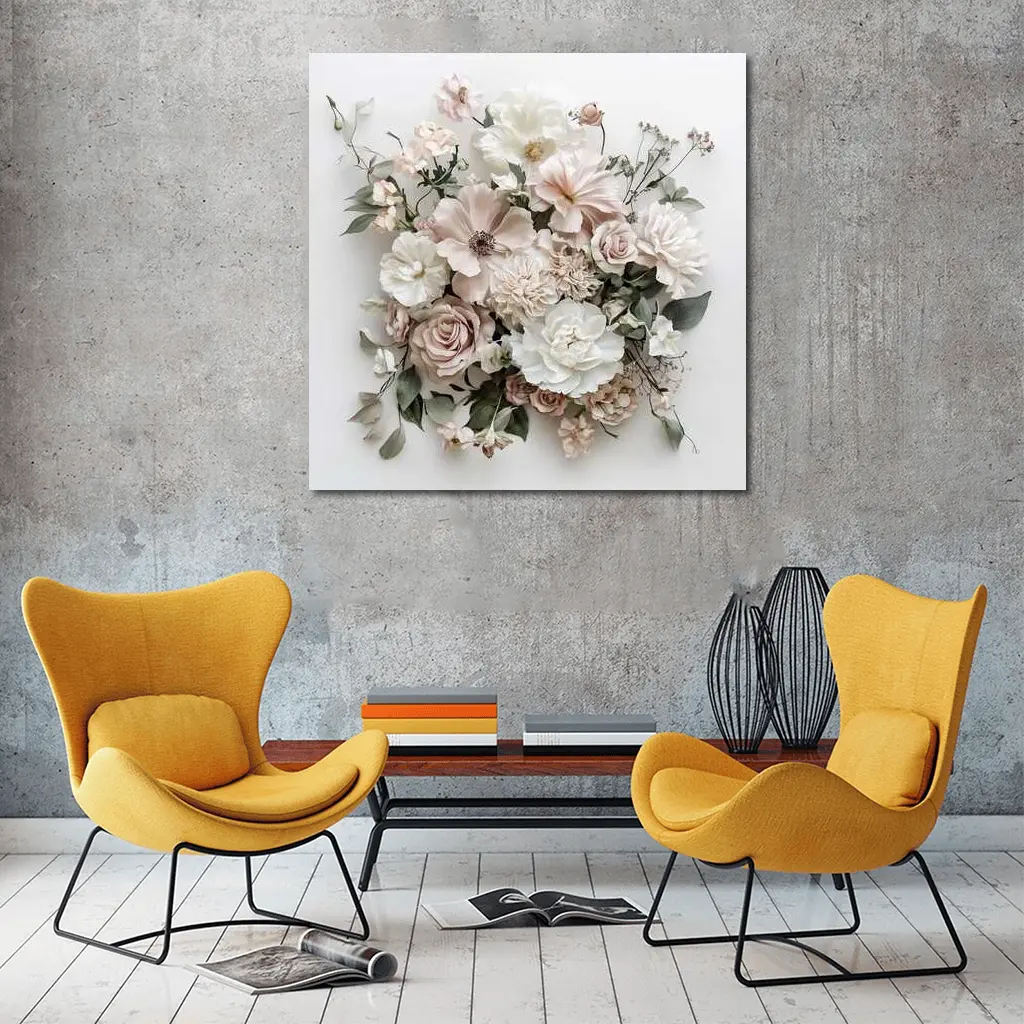 Blush Pink Roses Dahlias White Background – Wall Art