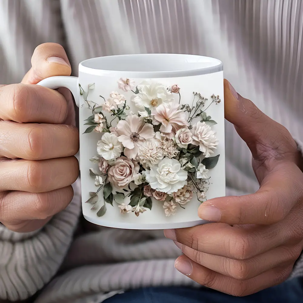 Blush Pink Roses Dahlias White Background – Mugs