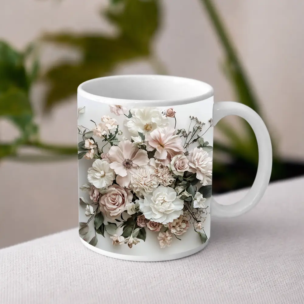 Blush Pink Roses Dahlias White Background – Mugs