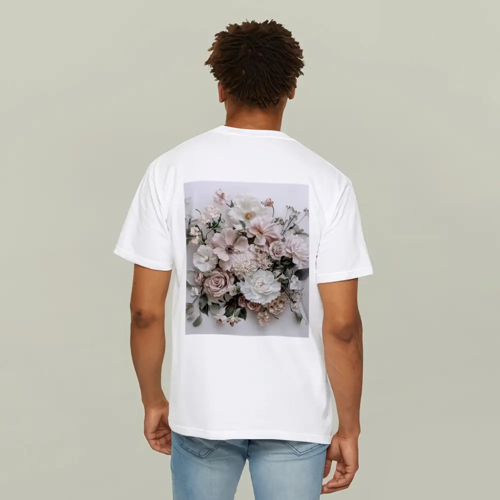 Blush Pink Roses Dahlias White Background – T-Shirts