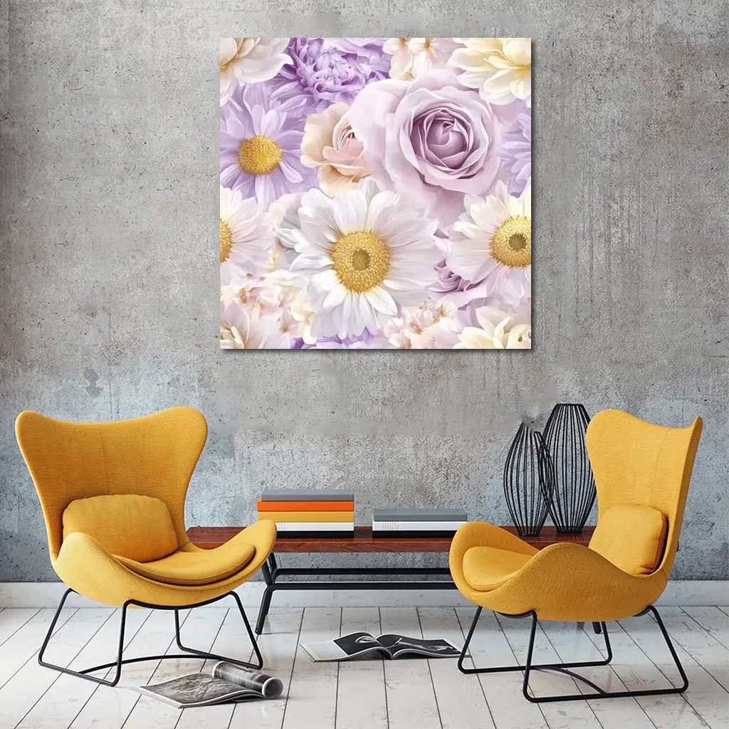 Lavender Roses Daisies Soft Floral Pattern – Wall Art
