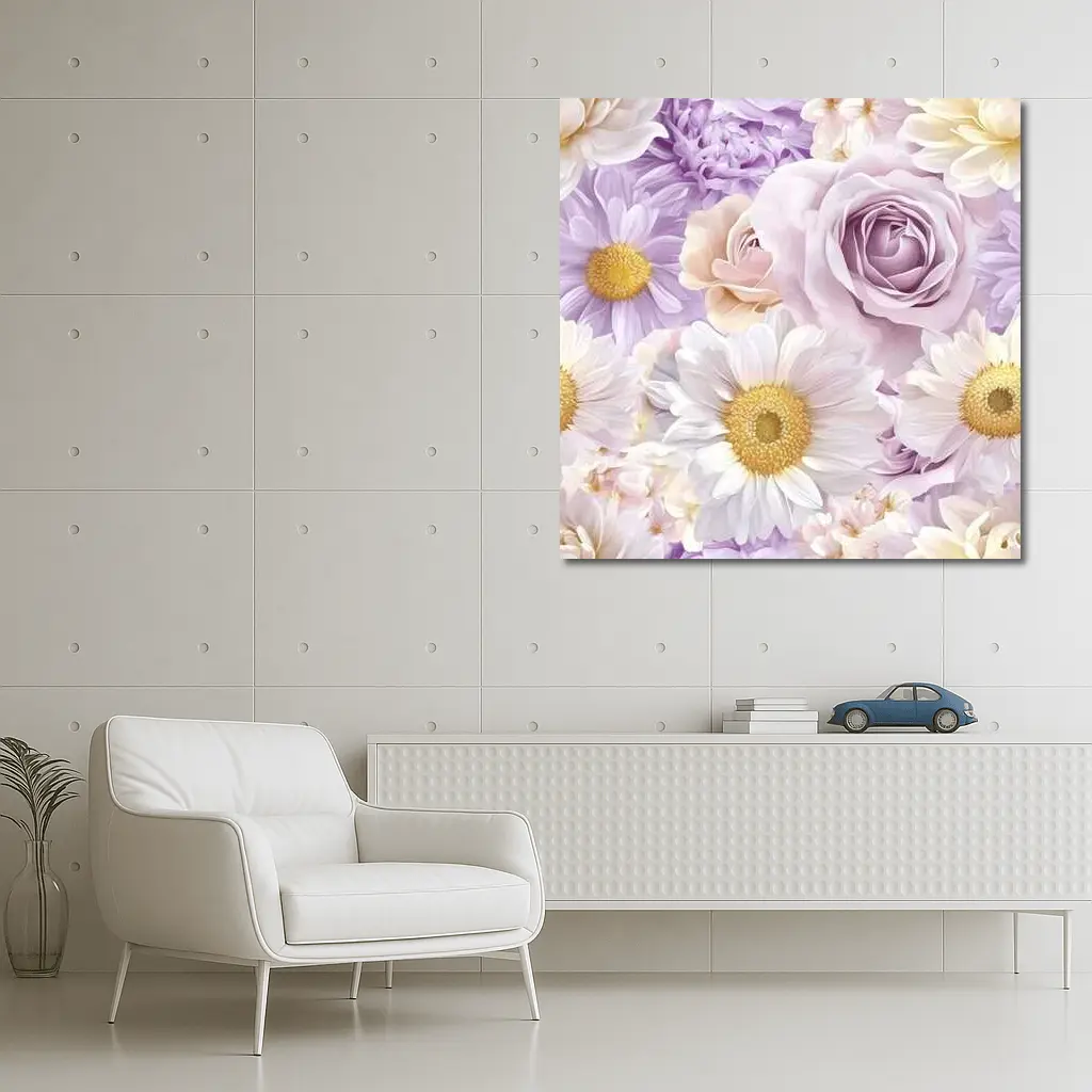 Lavender Roses Daisies Soft Floral Pattern – Wall Art