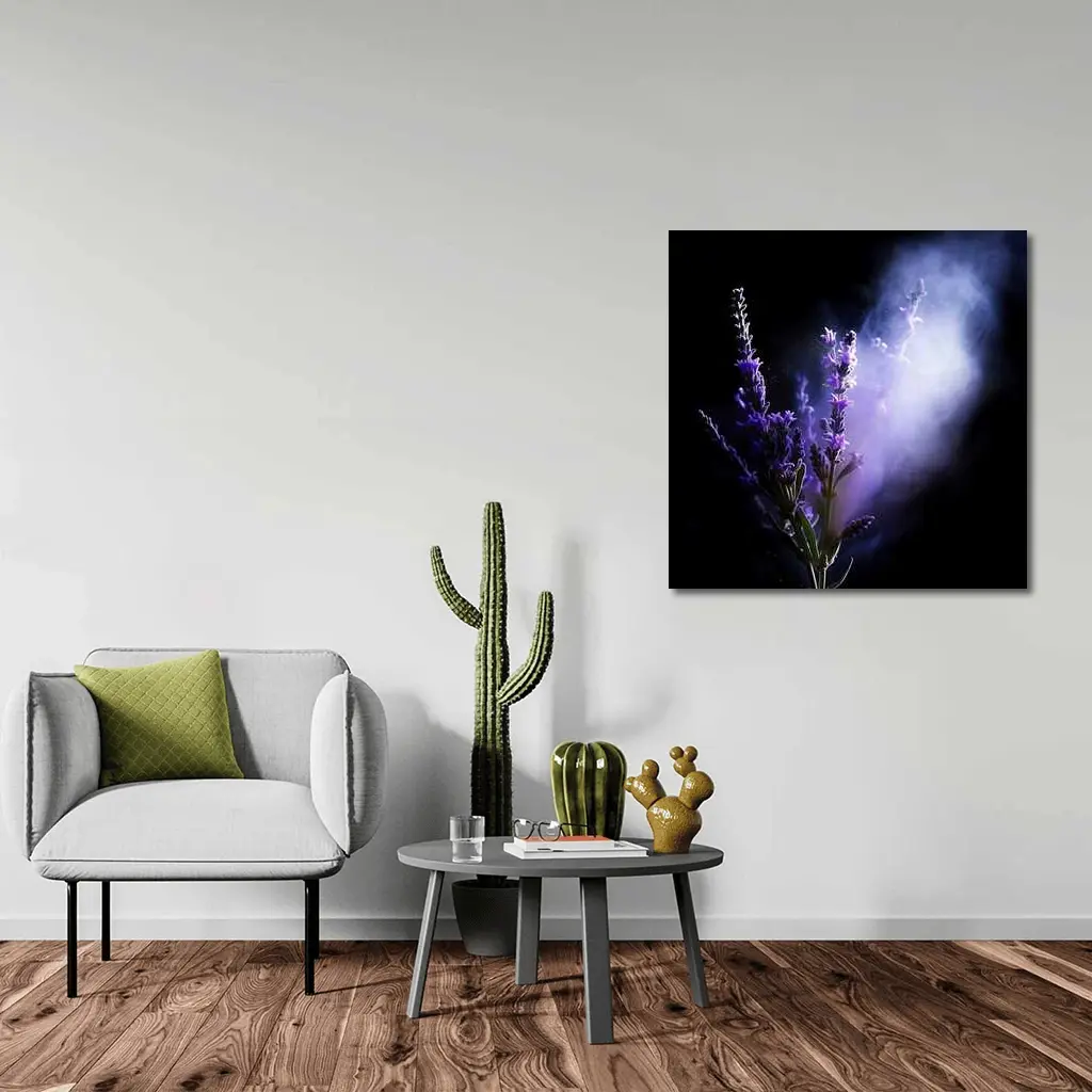 Lavender Flowers Dark Smoke Black Background – Wall Art