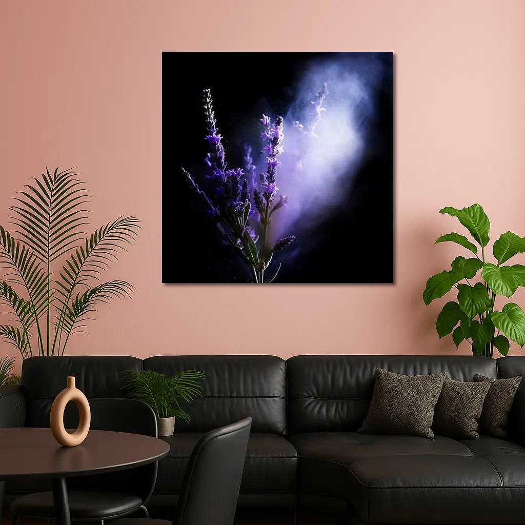 Lavender Flowers Dark Smoke Black Background – Wall Art