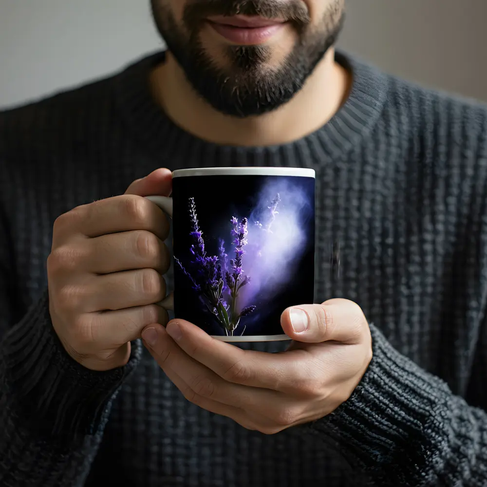 Lavender Flowers Dark Smoke Black Background – Mugs