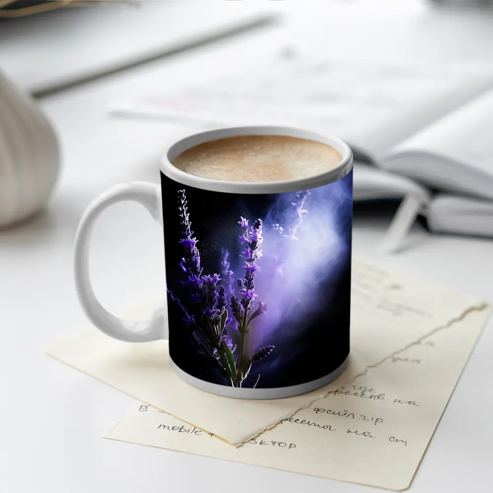 Lavender Flowers Dark Smoke Black Background – Mugs