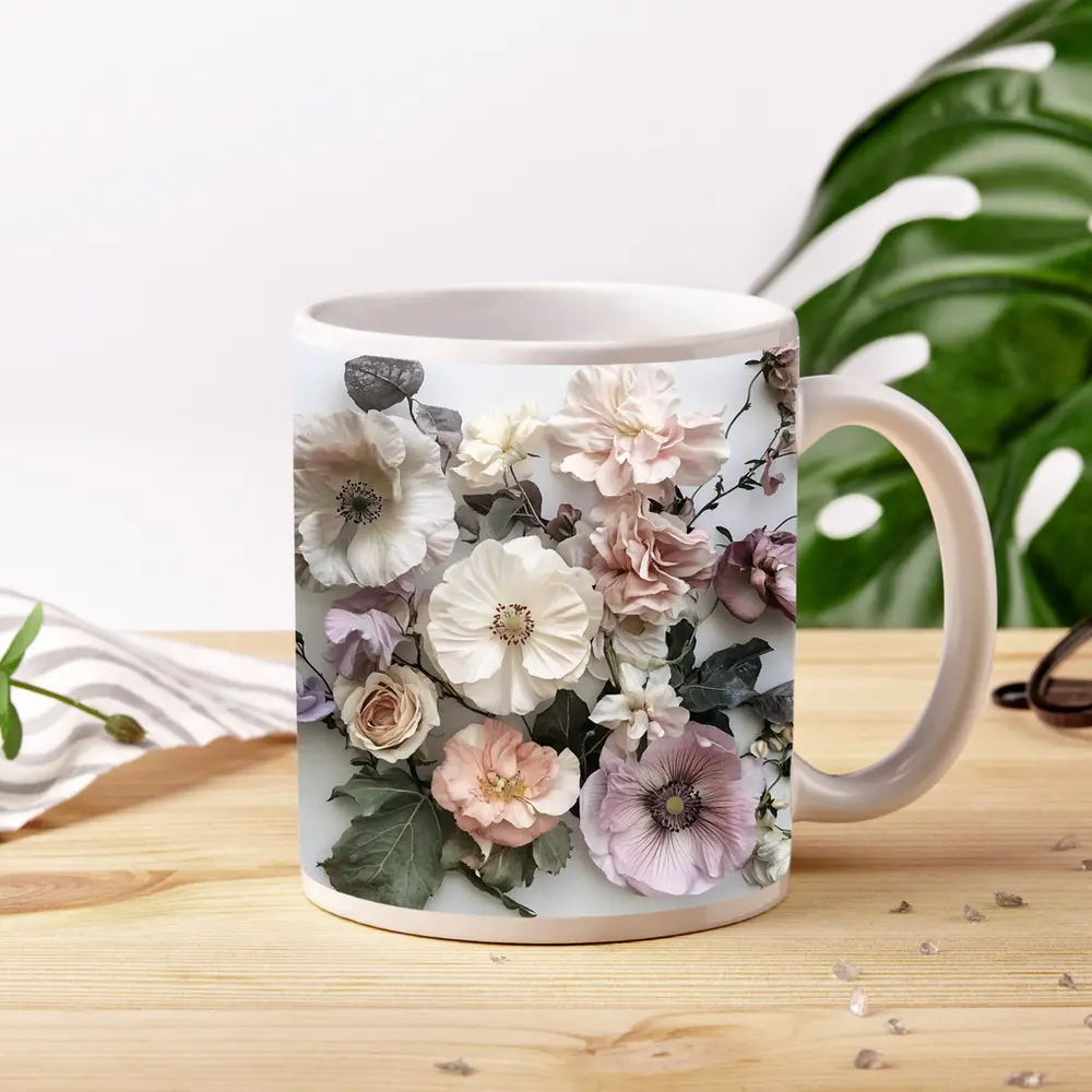 Soft Blush Roses Poppies Floral Flat Lay – Mugs