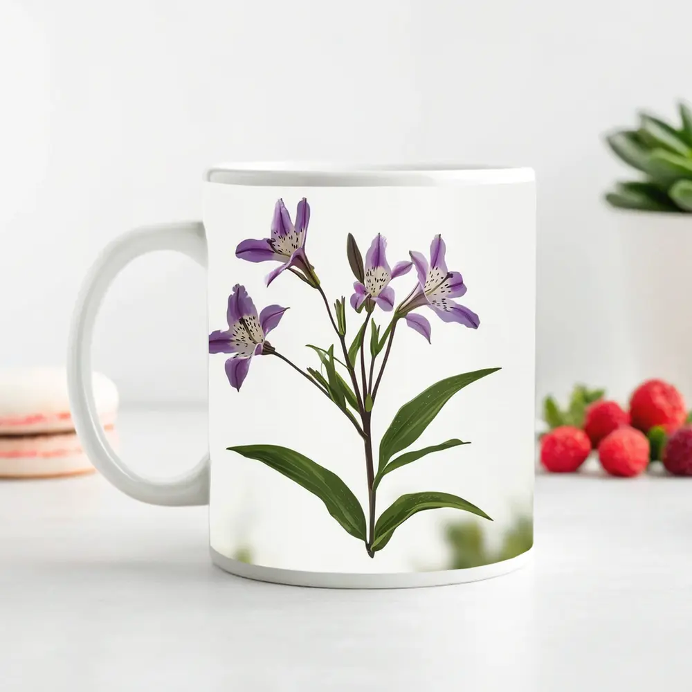 Purple Alstroemeria Flowers White Background Botanical – Mugs