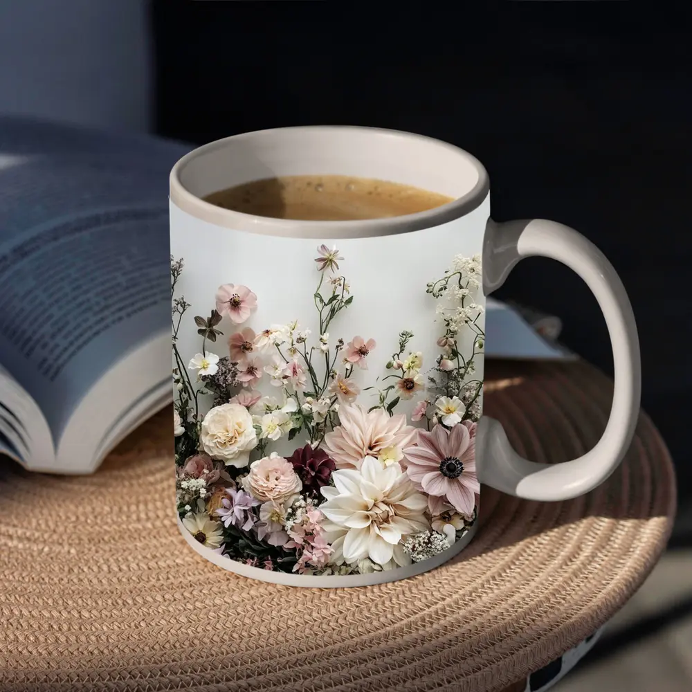 Blush Dahlia Rose Wildflower Arrangement White Background – Mugs