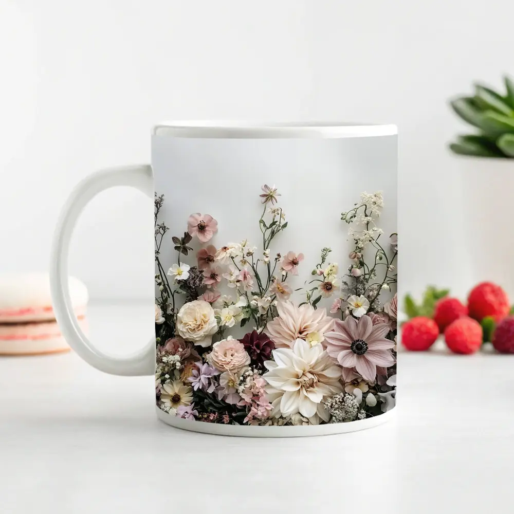 Blush Dahlia Rose Wildflower Arrangement White Background – Mugs