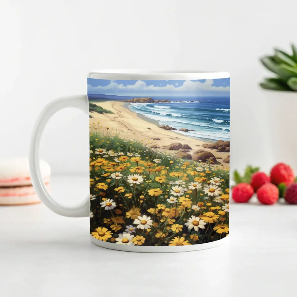 Daisies And Wildflowers By Coastal Beach – Mugs