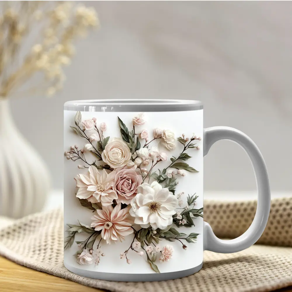 Blush Rose Dahlia Bouquet White Background – Mugs