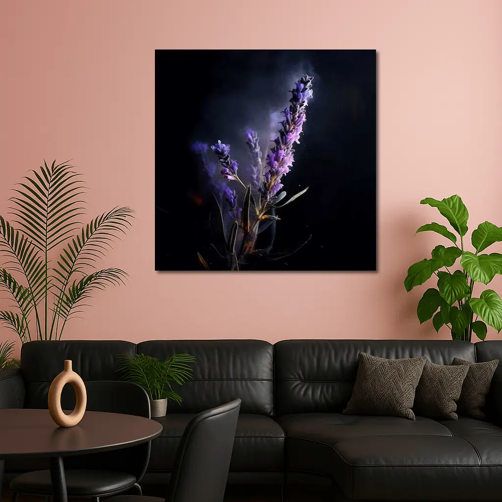 Lavender Sprig Against Dark Black Background – Wall Art