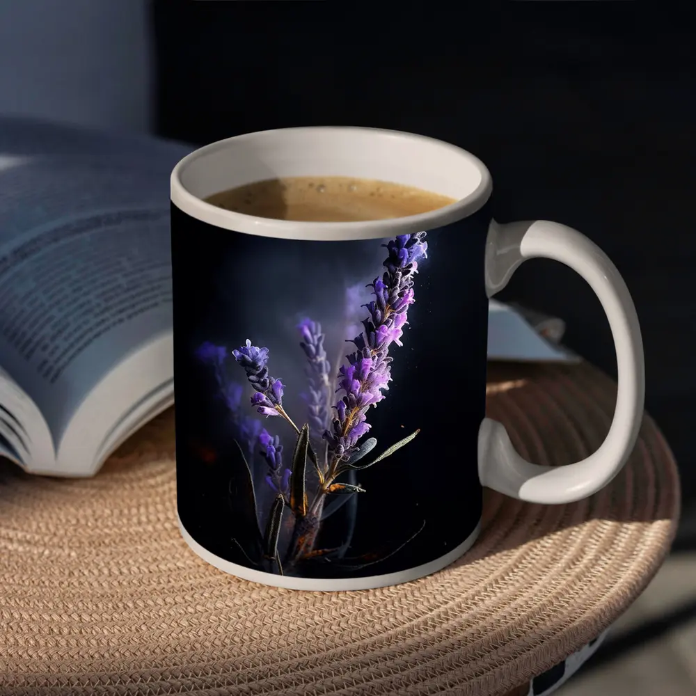 Lavender Sprig Against Dark Black Background – Mugs