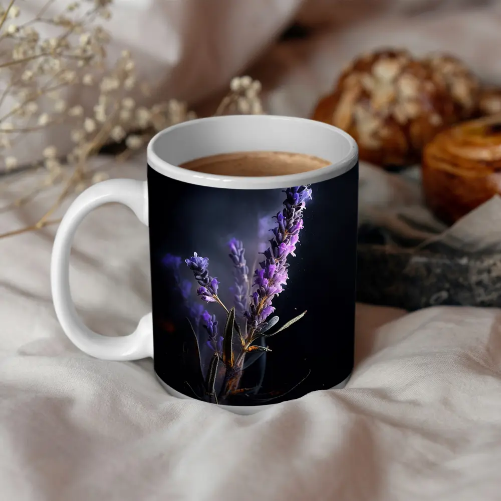 Lavender Sprig Against Dark Black Background – Mugs