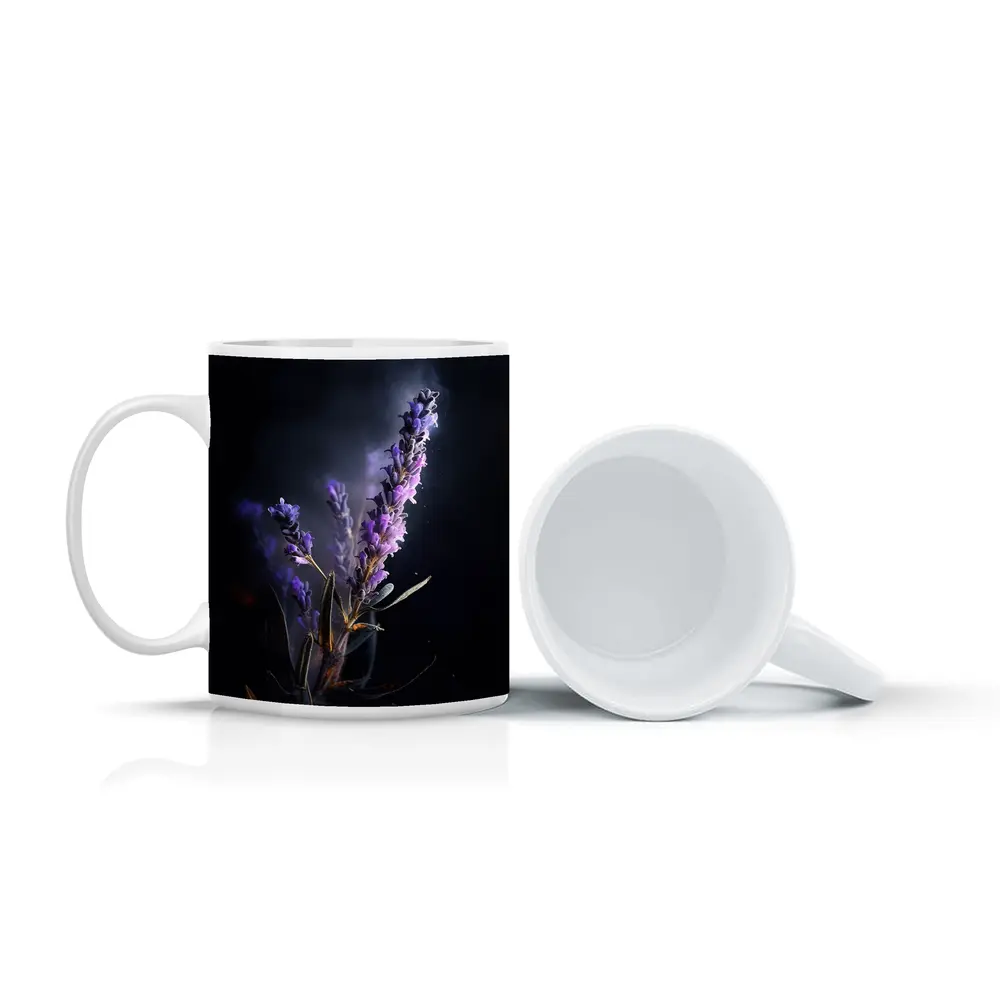 Lavender Sprig Against Dark Black Background – Mugs