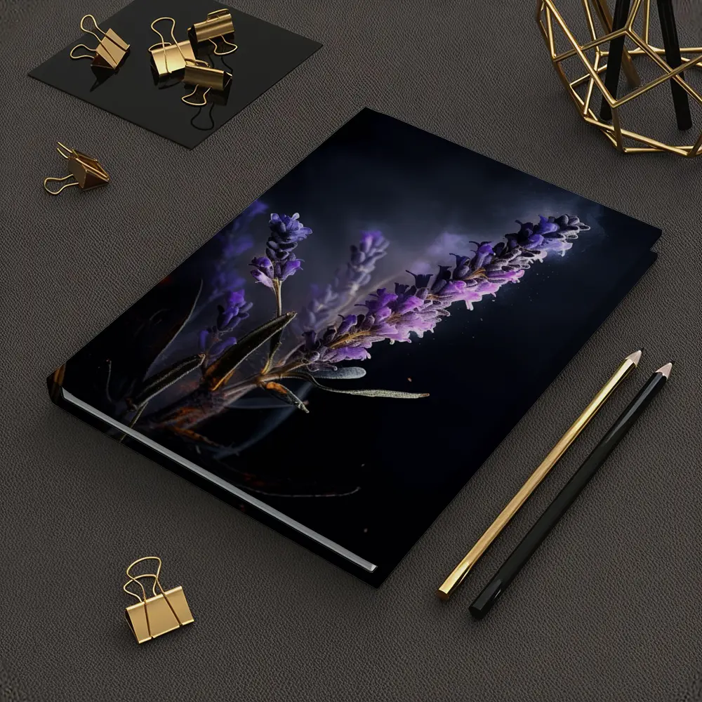 Lavender Sprig Against Dark Black Background – Notebooks