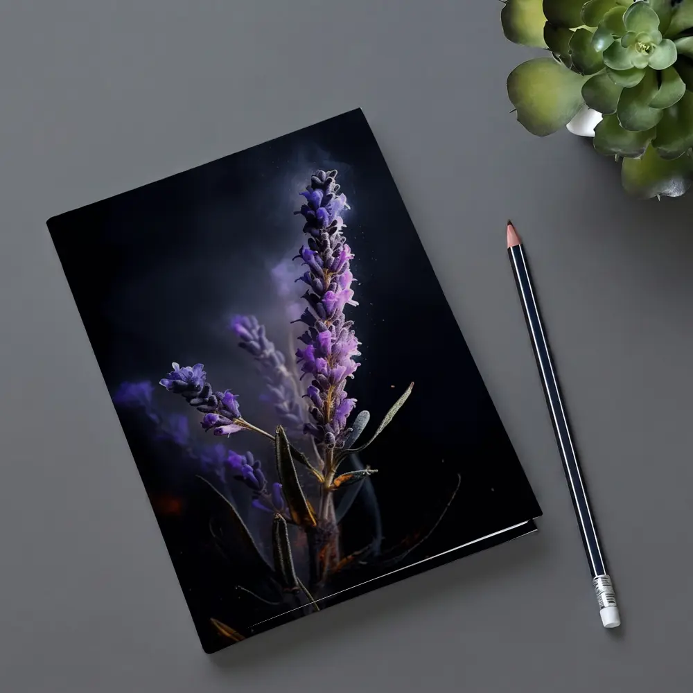 Lavender Sprig Against Dark Black Background – Notebooks