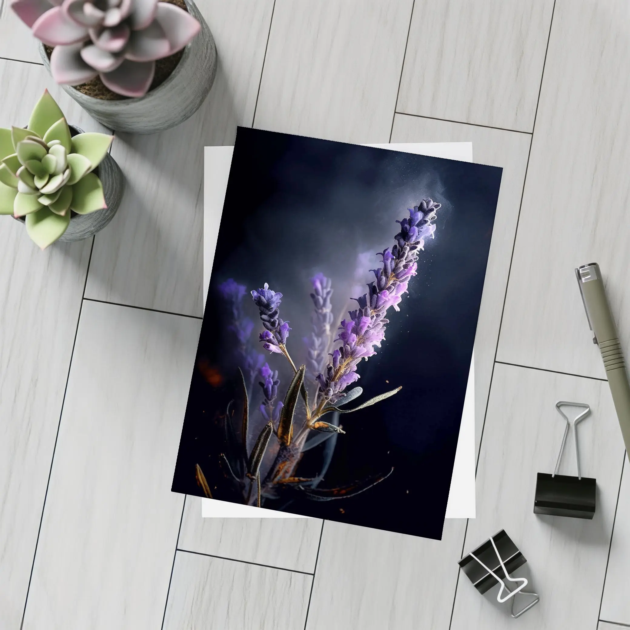 Lavender Sprig Against Dark Black Background – Postcards
