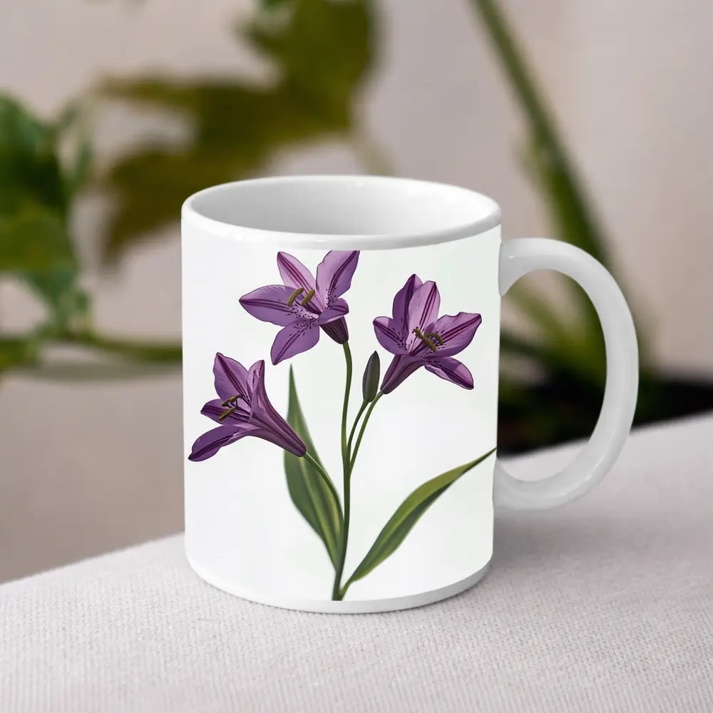 Purple Lily Flowers On White Background – Mugs