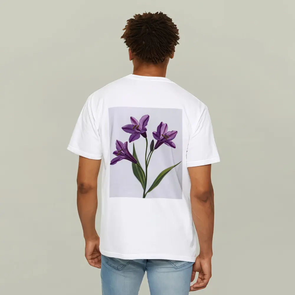 Purple Lily Flowers On White Background – T-Shirts