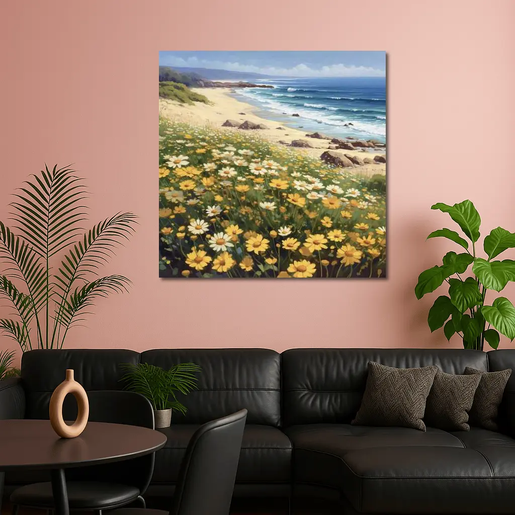 Daisy Field Overlooking Sandy Ocean Beach – Wall Art