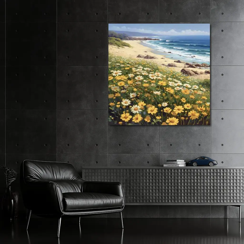 Daisy Field Overlooking Sandy Ocean Beach – Wall Art