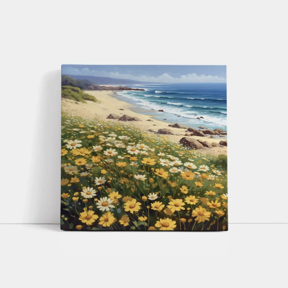 Daisy Field Overlooking Sandy Ocean Beach – Wall Art