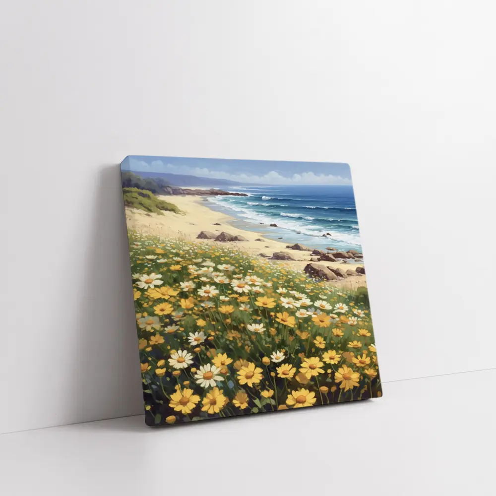 Daisy Field Overlooking Sandy Ocean Beach – Wall Art