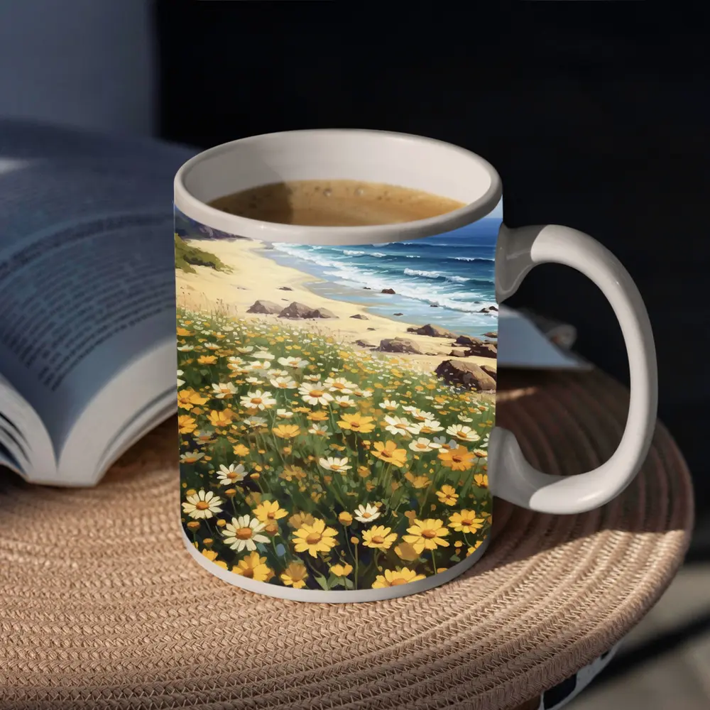Daisy Field Overlooking Sandy Ocean Beach – Mugs