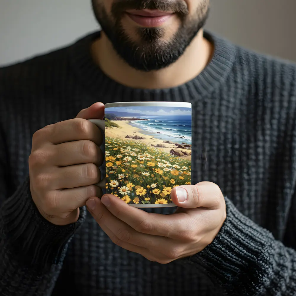 Daisy Field Overlooking Sandy Ocean Beach – Mugs