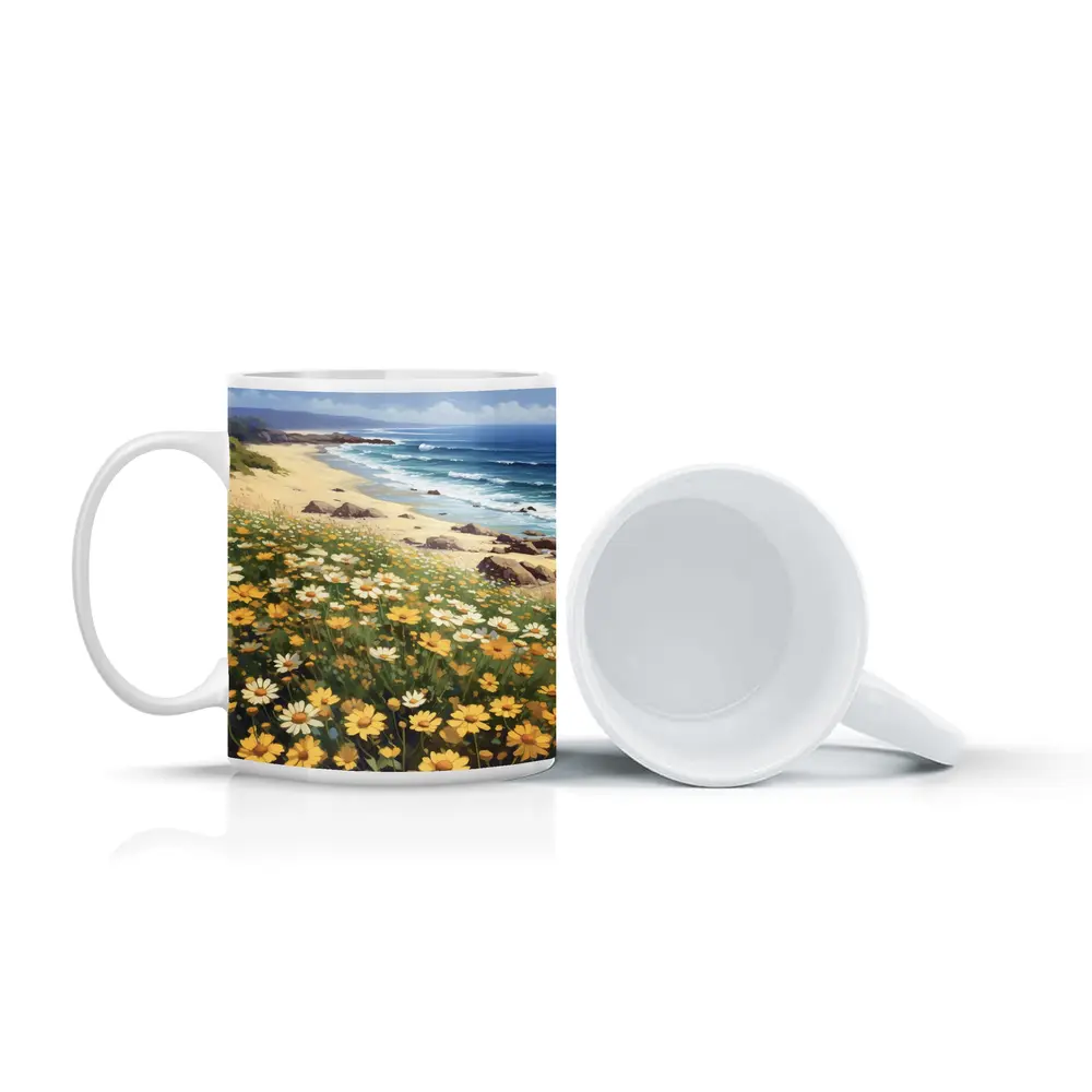 Daisy Field Overlooking Sandy Ocean Beach – Mugs