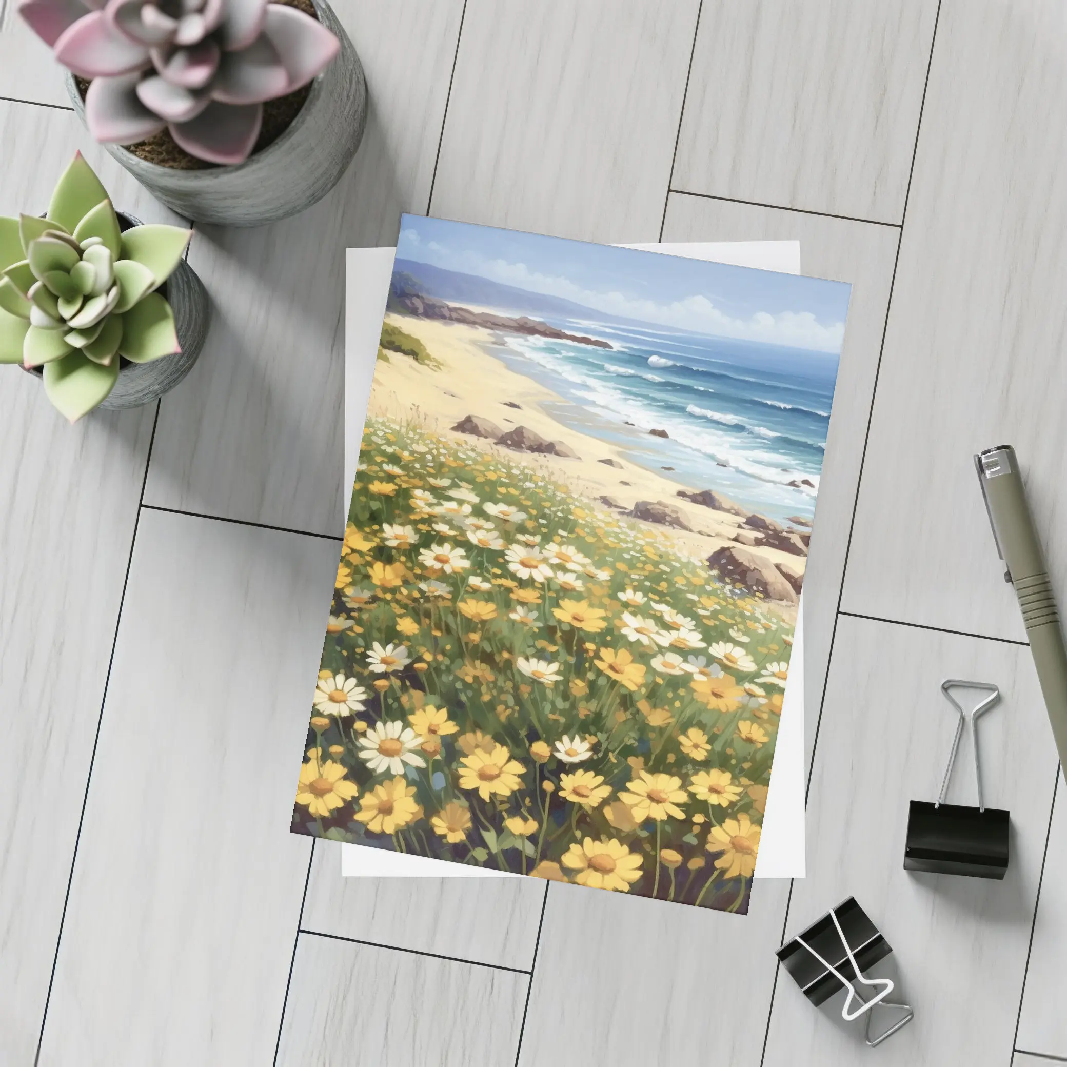 Daisy Field Overlooking Sandy Ocean Beach – Postcards