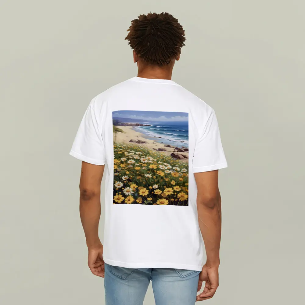 Daisy Field Overlooking Sandy Ocean Beach – T-Shirts