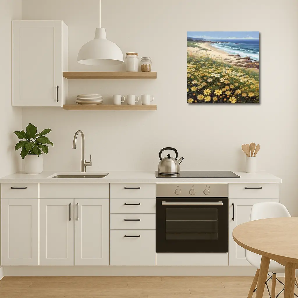 Daisy Field By Rocky Coastal Beach – Wall Art