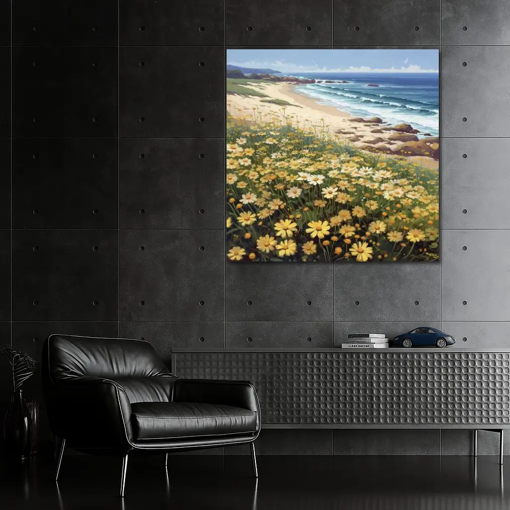 Daisy Field By Rocky Coastal Beach – Wall Art