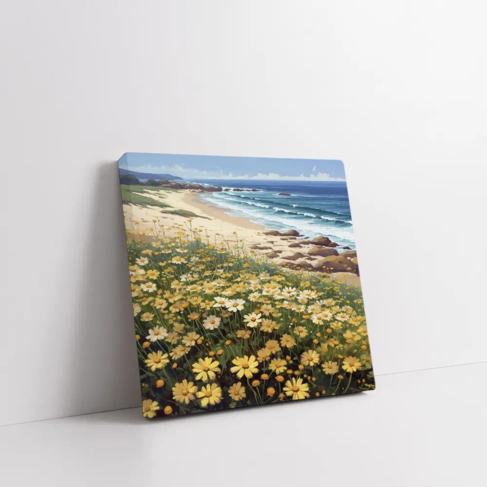 Daisy Field By Rocky Coastal Beach – Wall Art