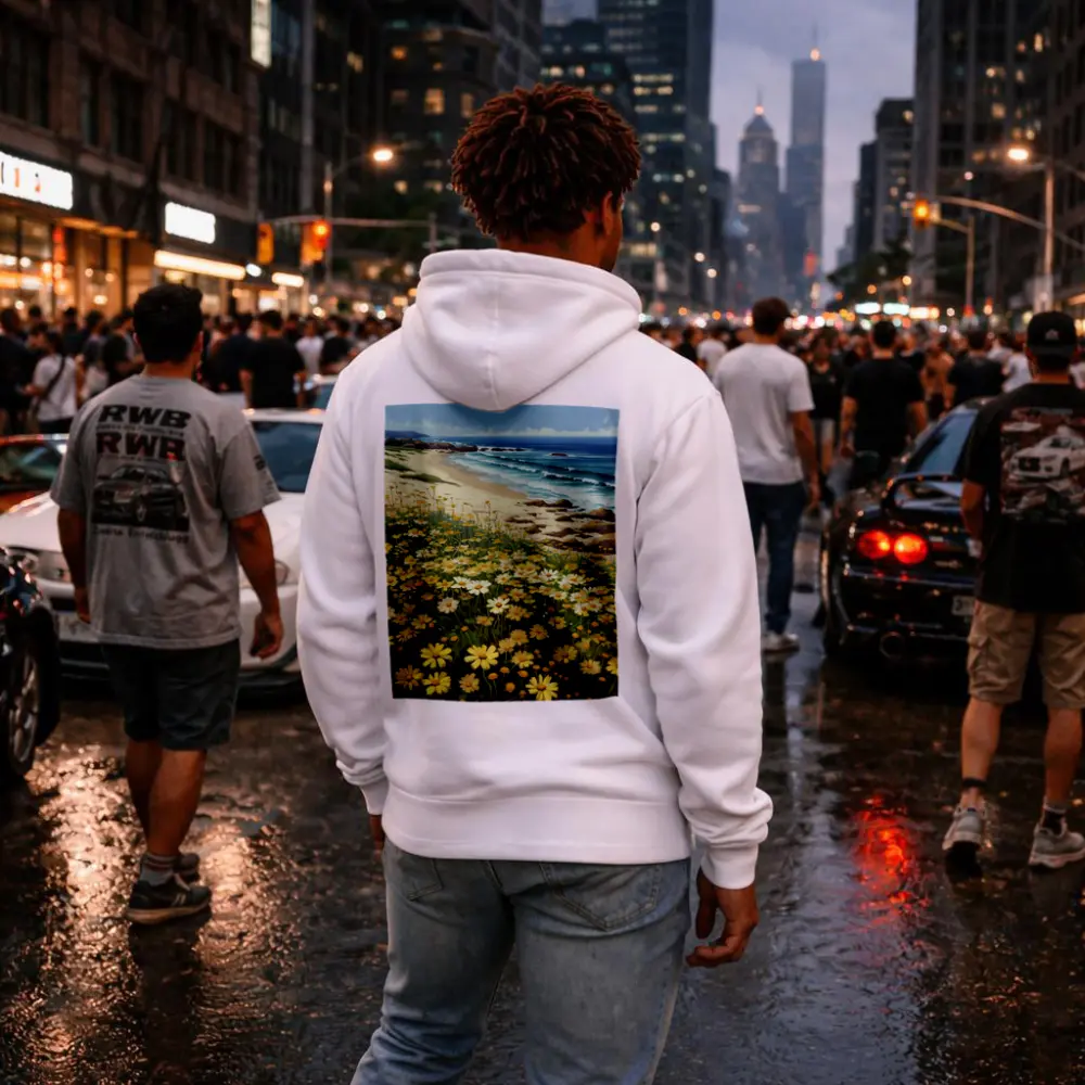 Daisy Field By Rocky Coastal Beach – Hoodies