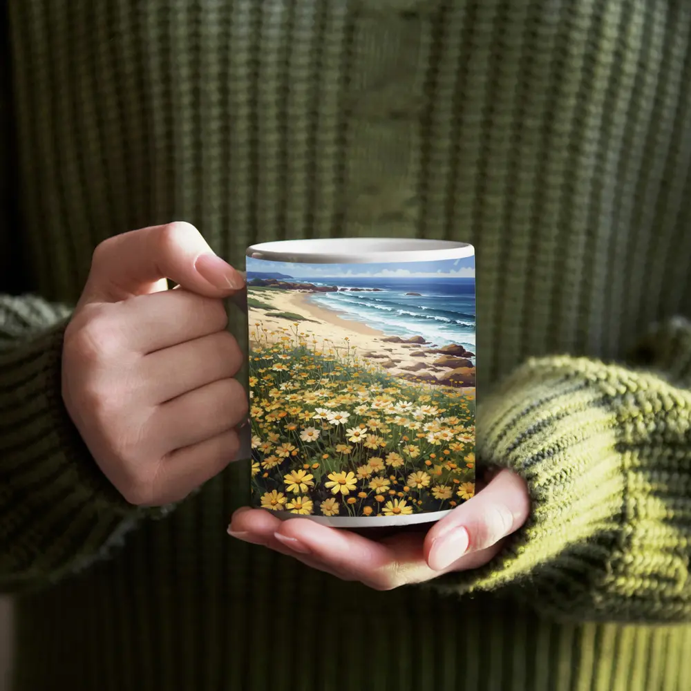 Daisy Field By Rocky Coastal Beach – Mugs