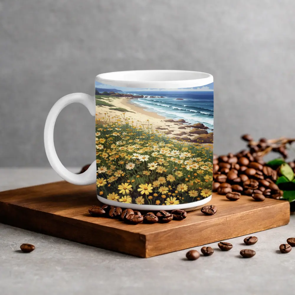 Daisy Field By Rocky Coastal Beach – Mugs