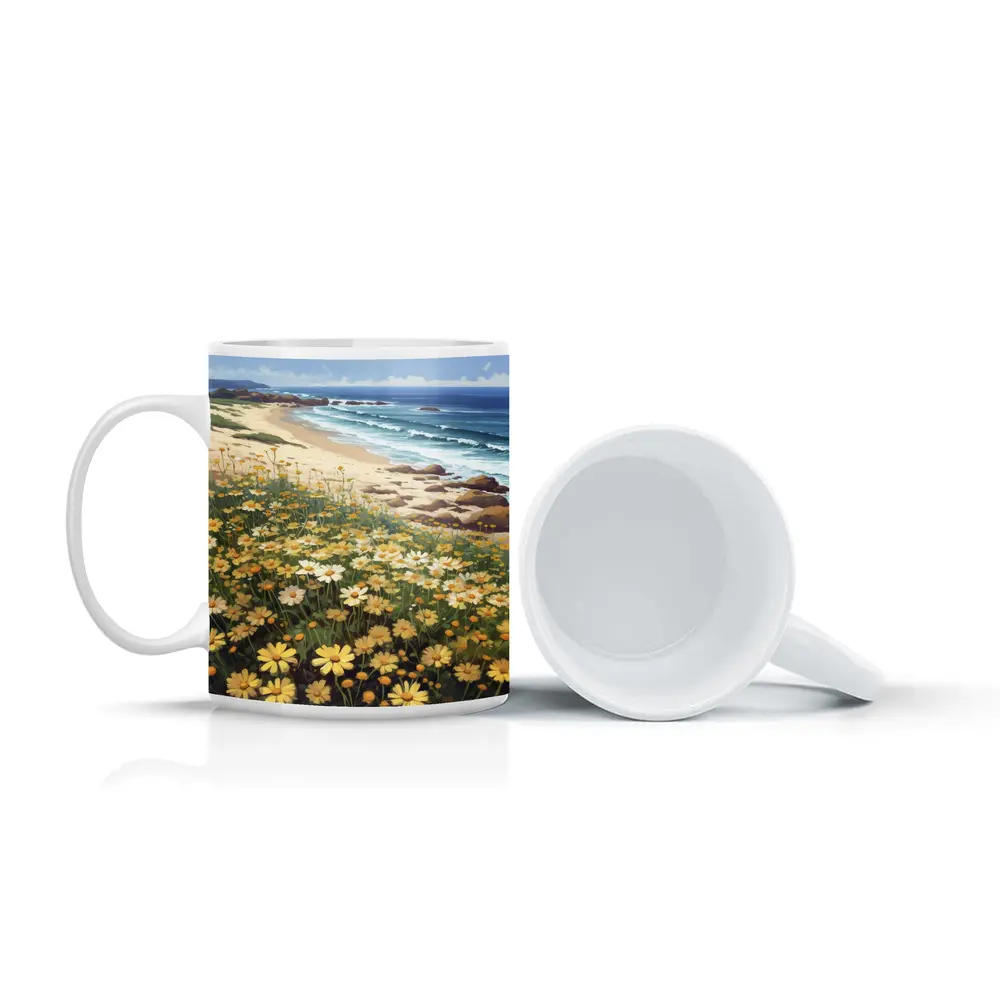 Daisy Field By Rocky Coastal Beach – Mugs